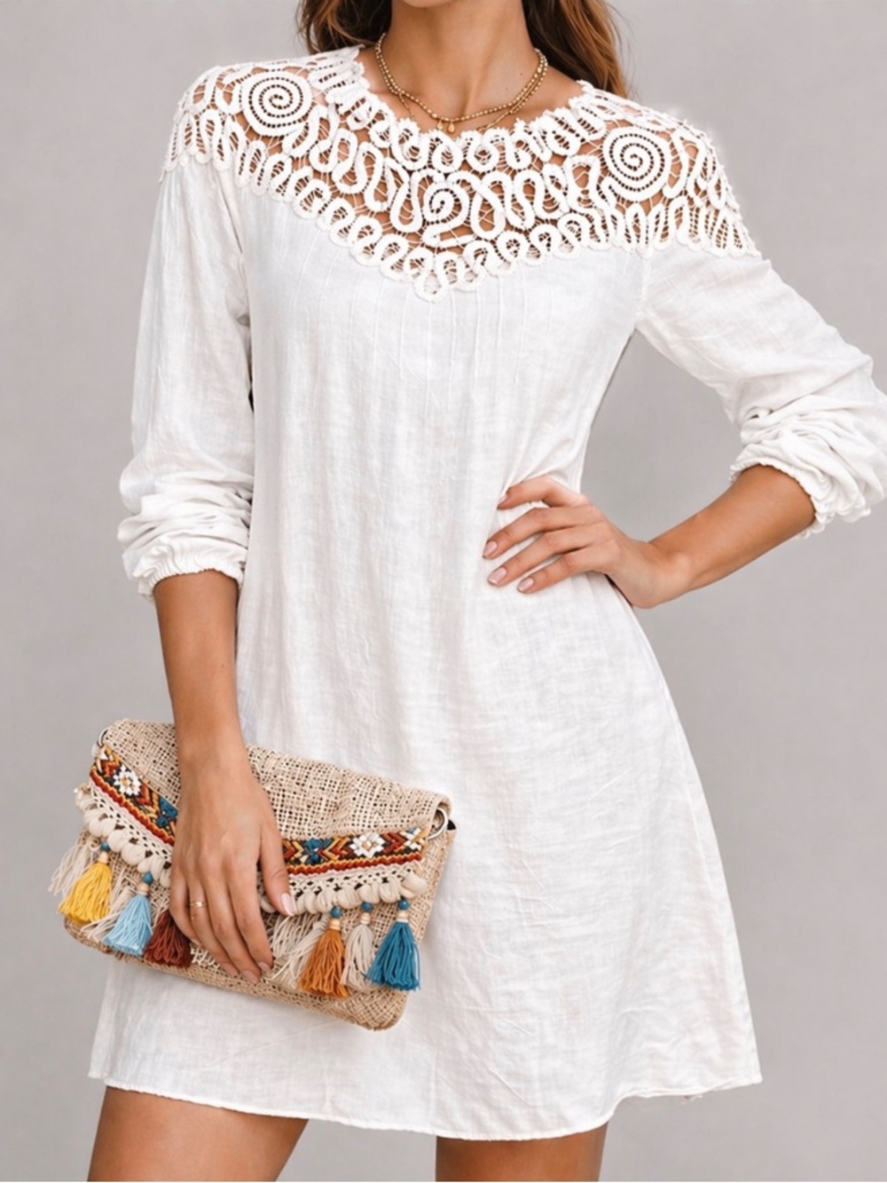 Johnny Was Cielito Modal Dress White Crochet Yoke Boho Tunic Removable Slip NWT